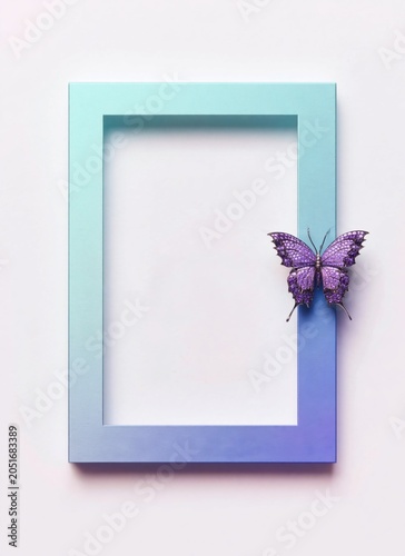 Minimalist vertical frame with turquoise and purple gradient. Elegant purple butterfly with crystals on blank border. Copy space for text and design