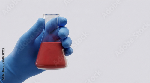 Gloved hand holding Erlenmeyer flask with red liquid on white background
