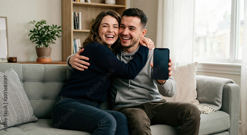 Fototapeta premium Happy young couple hugging and celebrating on a sofa. Smiling man holding a smartphone with a blank screen for mockup. Online betting win concept