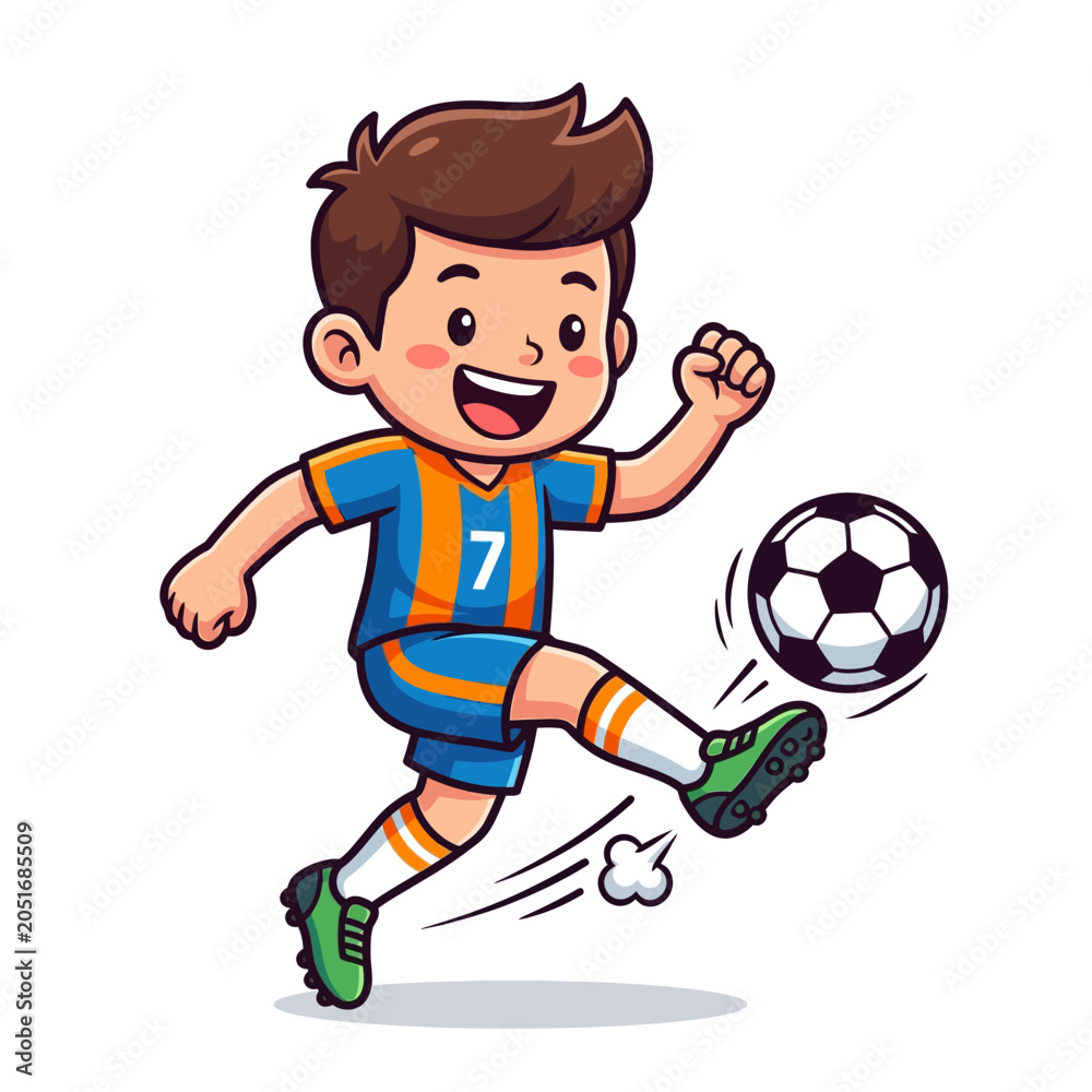 Obraz premium Cheerful Young Soccer Player Dribbling a Football in a Cartoon Sports Illustration Style
