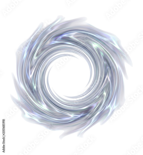 Iridescent pearlescent metallic swirl forming a glossy circular ring with an open center, abstract futuristic vortex and luminous fluid motion