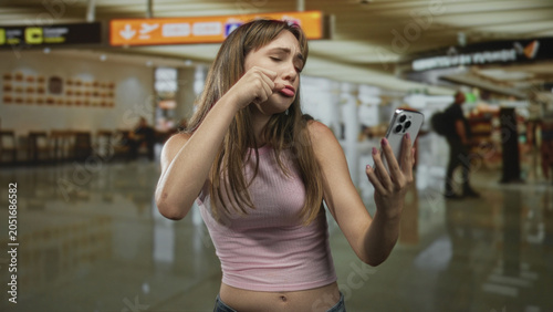 Photography Young woman holding smartphone and rubbing her eye while pouting in airport terminal; sadness inconvenience