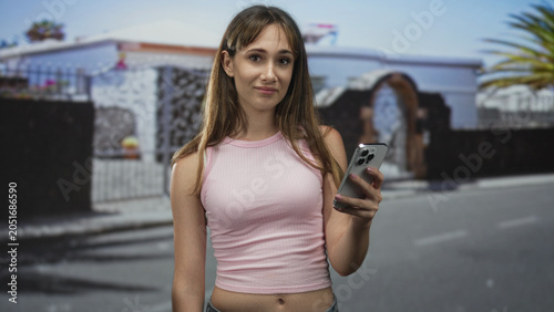 Foto Woman holding smartphone and glancing at the screen on a street with building facade behind; uncertainty