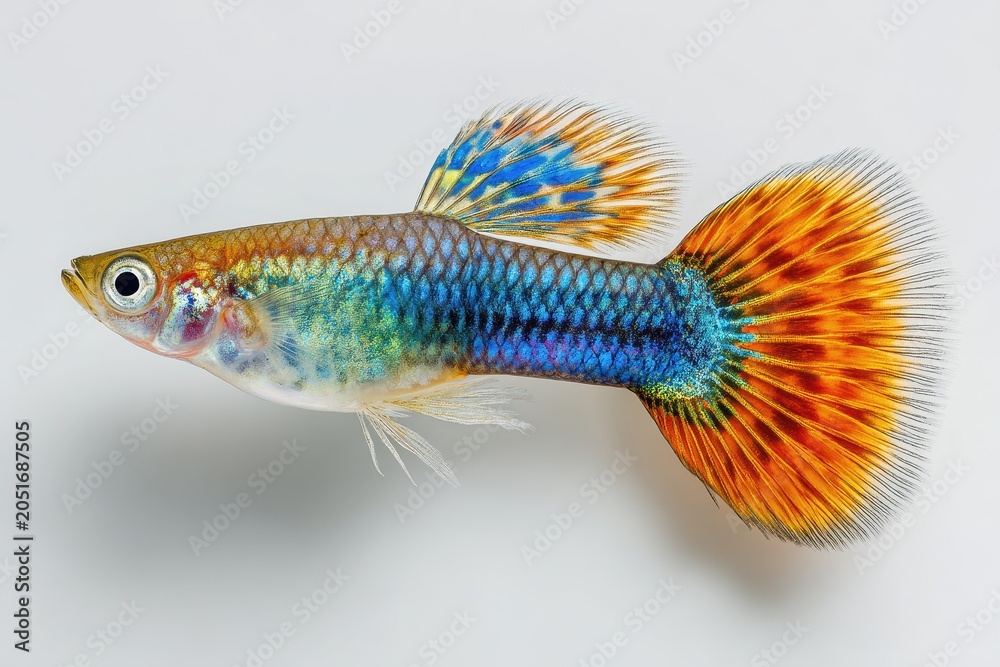 Fototapeta premium Macro shot of a tropical guppy with orange, blue and green hues on white background