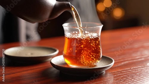 Pouring black tea from a teapot into a glass cup on a wooden table