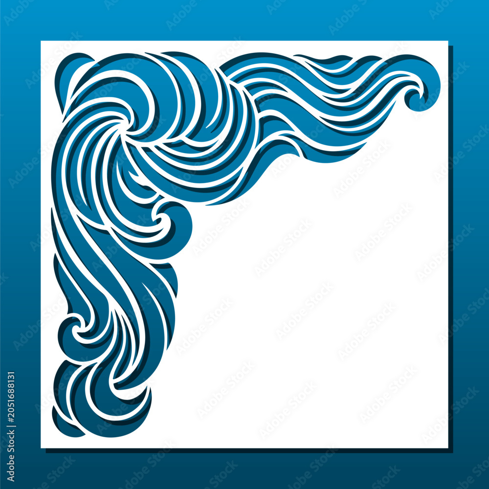 Fototapeta premium Laser cut wavy pattern for wall panel or card background. CNC cutting stencil. Swirly abstract wave corner design. Oriental decorative element. Vector illustration