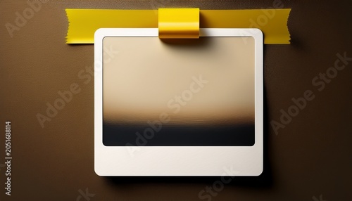 digitally rendered polaroid style photo frame with off white inner space affixed with yellow tape