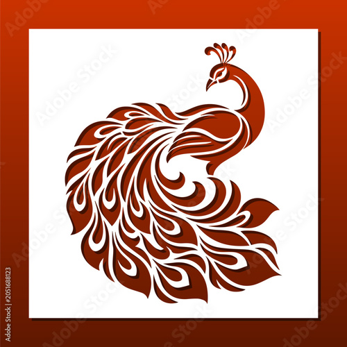 laser cut ornament, square panel  for wall art decoration.  Royal peacock ornament. Coaster, room privacy screen, wall hanging. Vector illustration