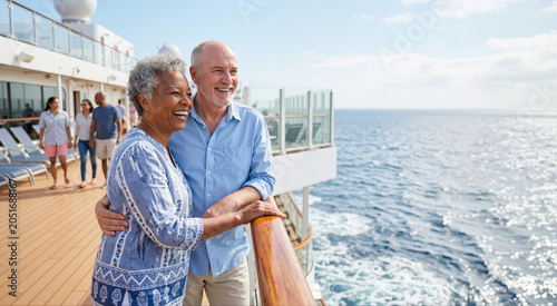 Happy elderly diverse couple enjoying a cruise ship vacation. Smiling senior mixed race man and woman looking at the ocean from the deck. Luxury retirement travel concept