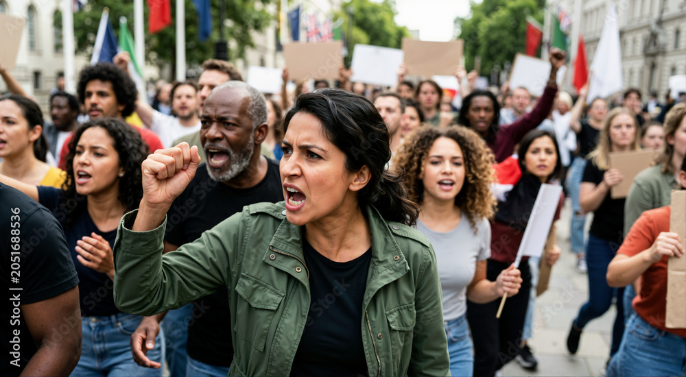 Fototapeta premium Angry woman shouting and raising fist at a protest march. Diverse crowd of activists demonstrating with blank signs on a city street