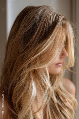 Close-up of long blonde balayage hair with soft natural light