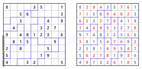 Printable sudoku puzzle with answer key, irregular regions jigsaw sudoku, medium difficulty