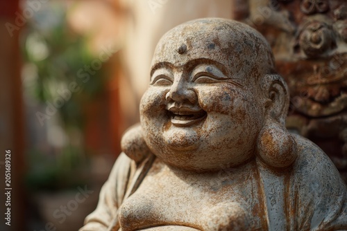 Serene close-up of a smiling fat Buddha sculpture in an outdoor Vietnamese setting
