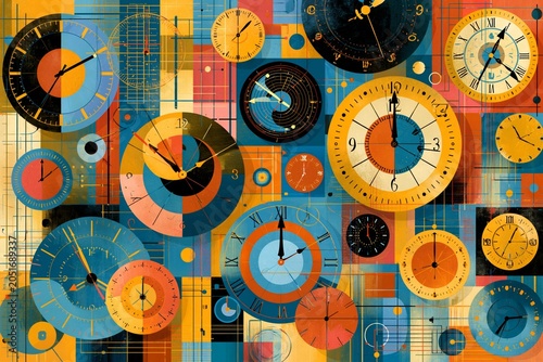 Collage of Clocks Showcases Diverse Time Styles in Abstract Geometric Design With Colorful Background