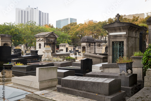 Obraz na plátně Autumn view of Montparnasse Cemetery with Paris skyline