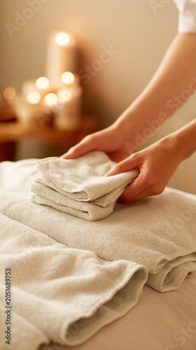 Warm amber light illuminates hands folding cream towels in a tranquil spa setting. Soft linens, flickering candles, and natural wood evoke calm luxury and relaxation.