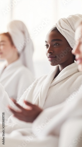 Three women enjoy a serene group wellness moment in a luxurious spa lounge. Soft robes, gentle light, and relaxed postures evoke calm, comfort, and refined self-care.