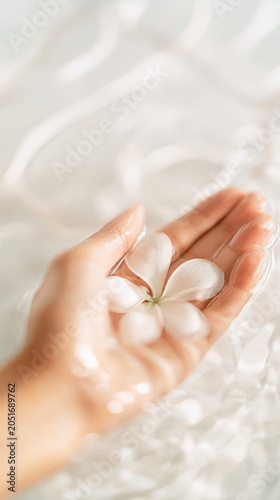 A gentle hand cradles a white plumeria flower beneath rippling water. Milky reflections and soft tones create a tranquil spa and wellness mood.