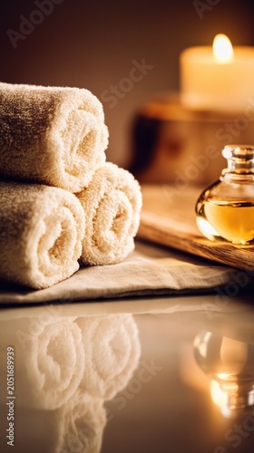 Luxurious spa scene with plush rolled towels and glowing amber candlelight. Natural textures and warm hues create a serene, tranquil ambiance for relaxation.