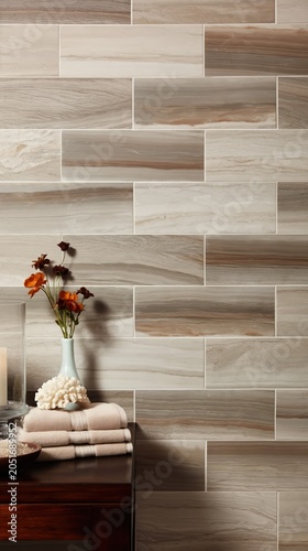 A tranquil spa setting features stone tiles, wood, floral accents, and a soft candle flame. Earth tones and neutral creams evoke refined relaxation and calm.
