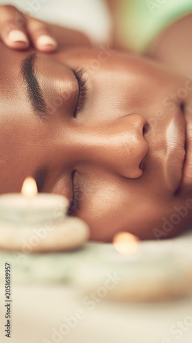 A luxurious spa scene features elemental therapy with stones, candles, and gentle touch. Warm skin tones and soft focus evoke comfort, mindfulness, and refined relaxation.
