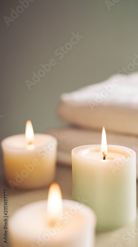Three glowing candles create a tranquil spa atmosphere, radiating warmth and relaxation. Neutral tones and soft focus convey luxurious serenity and refined calm.