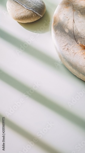 Minimalist spa scene with smooth stones and sand in gentle, neutral tones. Soft shadows and natural accents evoke tranquility, mindfulness, and luxury relaxation.