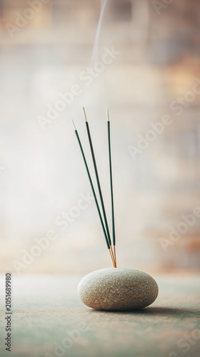 Minimal incense sticks in a stone holder emitting delicate smoke. Calm muted tones create a serene wellness and meditation atmosphere.