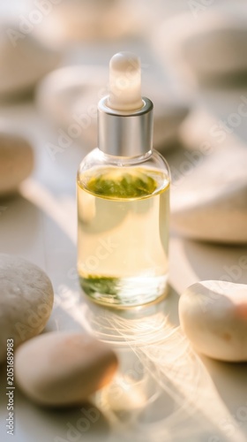 A minimal glass bottle of golden massage oil shines with warm highlights on a stone background. Perfect for premium spa, skincare, and relaxation rituals.