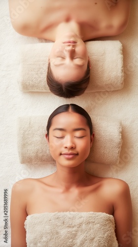 A serene couple enjoys synchronized spa relaxation on soft towels, highlighting wellness and symmetry. Minimalist tones and natural textures evoke premium tranquility.