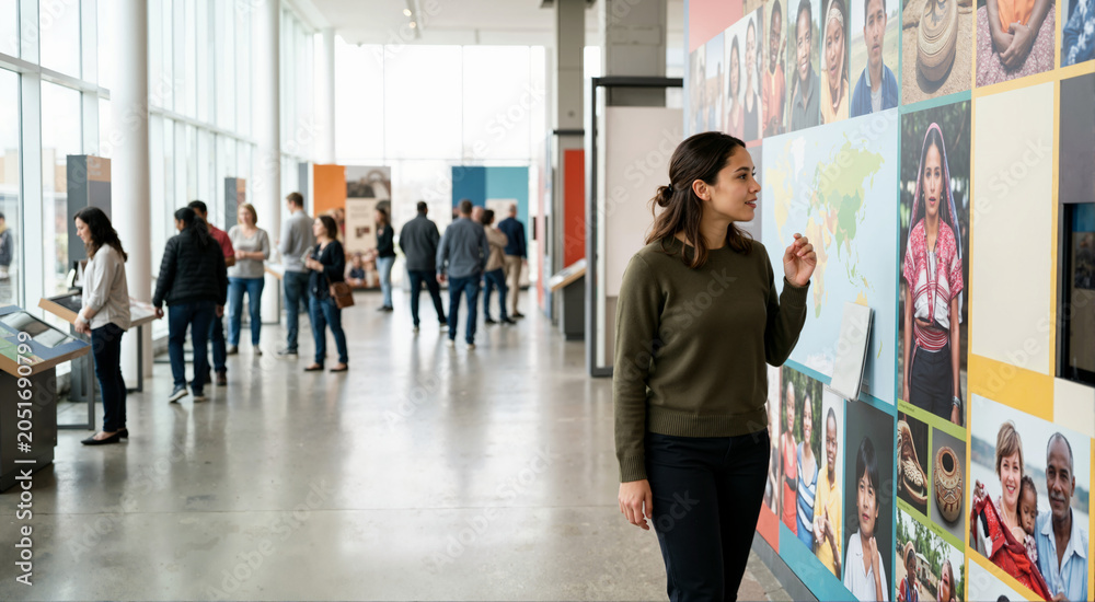 Fototapeta premium Young woman observing a colorful exhibition in a modern museum. Curious visitor looking at a cultural display wall with blurred people in background