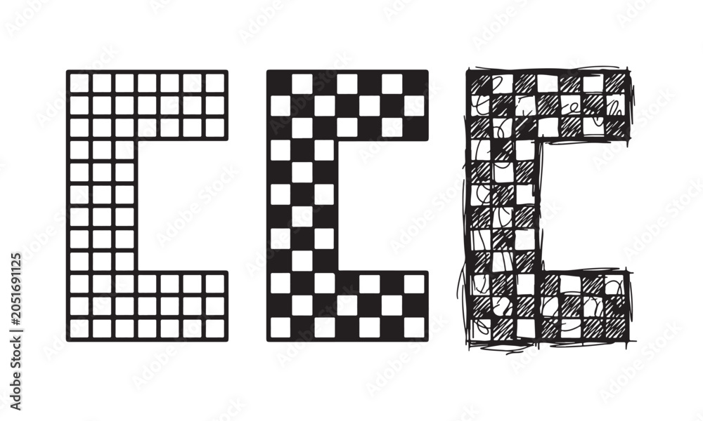 Fototapeta premium Letter C composed of a checkerboard pattern, presented in outline grid, solid checkerboard, and freehand sketch drawing styles.