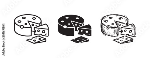 Cheese Wheel and Wedges Icon Set: Outline, Solid Silhouette, and Hand-Drawn Sketch Styles for Dairy Food and Gourmet Products