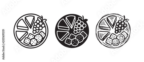 Fotografía Set of three cheese board icons with various cheeses, grapes, and crackers in outline, solid, and hand-drawn doodle styles