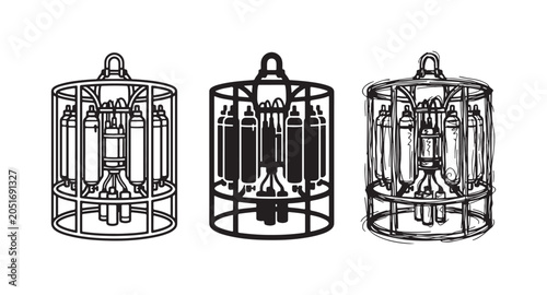 Fotografía Set of three oceanographic rosette sampler icons, featuring multiple bottles in a frame, in outline, solid, and hand-drawn doodle styles