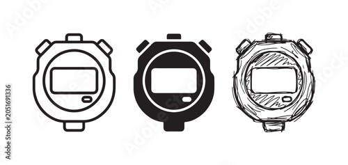 Schilderij op canvas Set of three stopwatch icons featuring a digital display and a control button, presented in outline, solid, and hand-drawn doodle styles