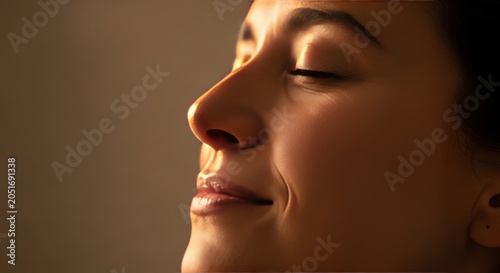 Woman enjoying aroma with closed eye. Mindful eating ritual and sensory experience. Awareness of smell and flavor connection. Calm lifestyle practice for wellness and health balance.