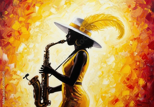 Silhouette of a person playing saxophone with colorful background