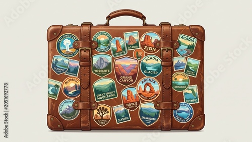 Vintage brown leather suitcase covered with colorful travel stickers and badges of various United States national parks