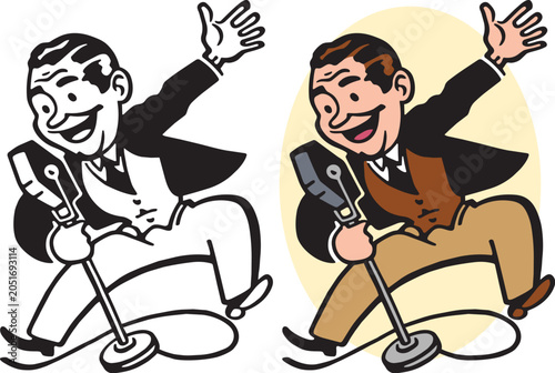 A vintage retro cartoon of a man making an exciting announcement on a microphone. 