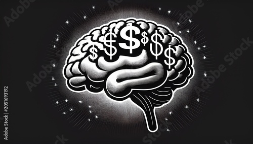 black and white emblem features brain with dollar signs