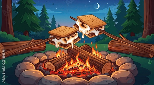 Toasting s'mores on sticks over a roaring campfire in a forest clearing under a starry night sky