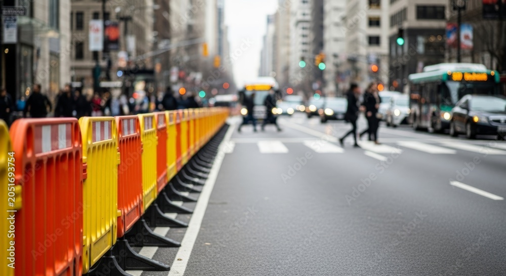 Fototapeta premium Vibrant orange and yellow barrier fences guide pedestrians on a busy city street with soft, overcast lighting