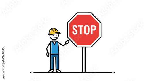 Stick Figure Man with Yellow Hard Hat Holding Red Stop Sign, isolated white background.