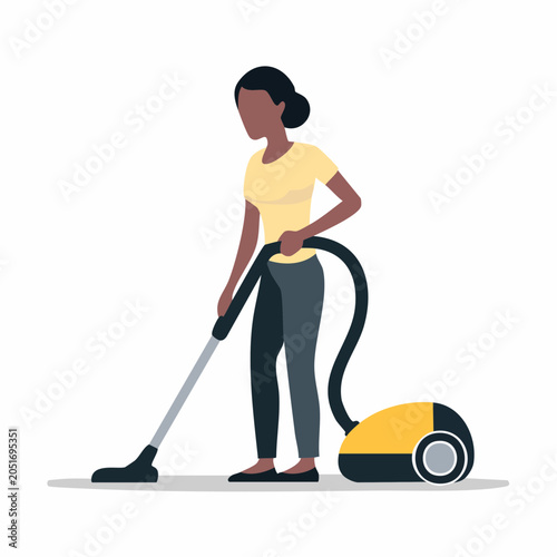 Woman vacuuming floor with yellow vacuum cleaner