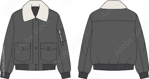 Bild auf Leinwand Grey bomber jacket with fur collar vector illustration.