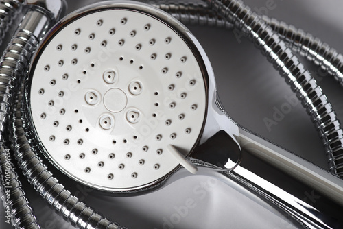 Chrome shower head close-up.