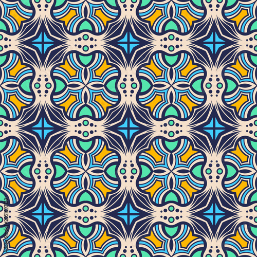 Seamless geometric ornamental vector pattern. Blue, teal, yellow and beige pattern. Vintage tile design inspired by Moroccan and Mediterranean ceramics. Color vector ornate background.