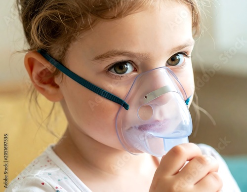 Close-up of a young child with brown eyes wearing a transparent oxygen mask, appearing in a medical/health related setting