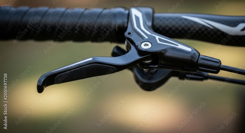 Obraz premium Close-up Bicycle Hand Brake Lever on Carbon Handlebar with Textured Grip, Outdoor Cycling Gear Detail